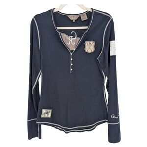Goode Rider Henley Top Women M Navy Blue Equestrian Horse Graphic Preppy Sport